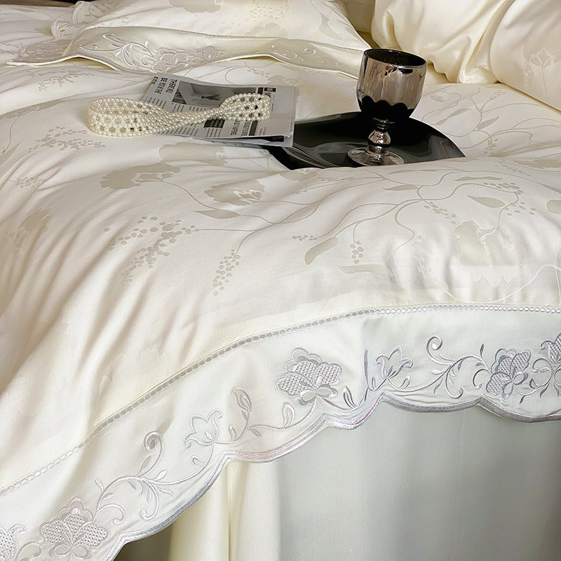 VILZSTUDIOS ivory cream, powder blue or blush pink floral jacquard duvet cover set with scalloped embroidered edges