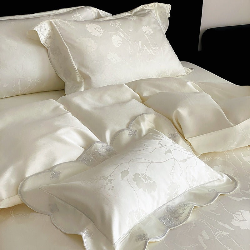 VILZSTUDIOS ivory cream, powder blue or blush pink floral jacquard duvet cover set with scalloped embroidered edges