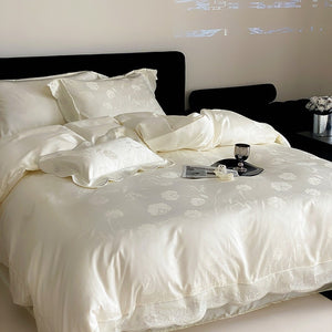VILZSTUDIOS ivory cream, powder blue or blush pink floral jacquard duvet cover set with scalloped embroidered edges