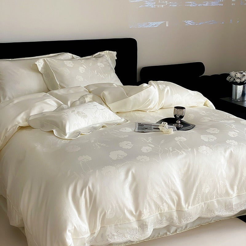 VILZSTUDIOS ivory cream, powder blue or blush pink floral jacquard duvet cover set with scalloped embroidered edges