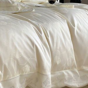 VILZSTUDIOS ivory cream, powder blue or blush pink floral jacquard duvet cover set with scalloped embroidered edges