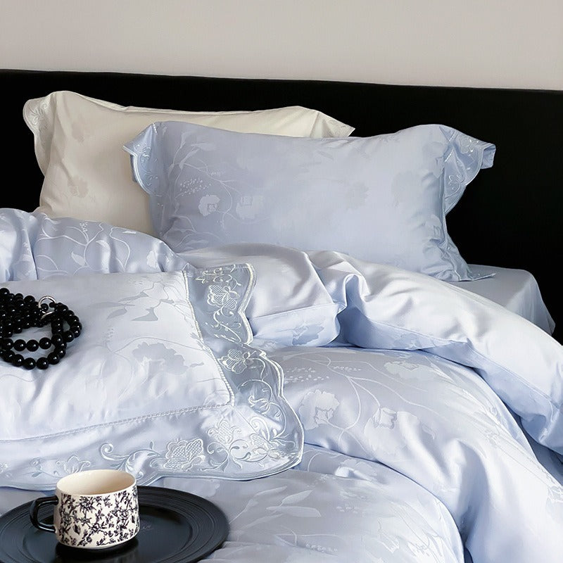 VILZSTUDIOS ivory cream, powder blue or blush pink floral jacquard duvet cover set with scalloped embroidered edges