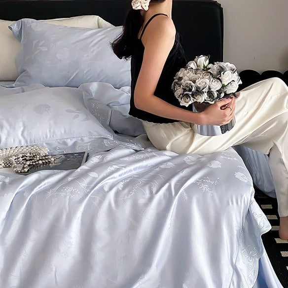VILZSTUDIOS ivory cream, powder blue or blush pink floral jacquard duvet cover set with scalloped embroidered edges