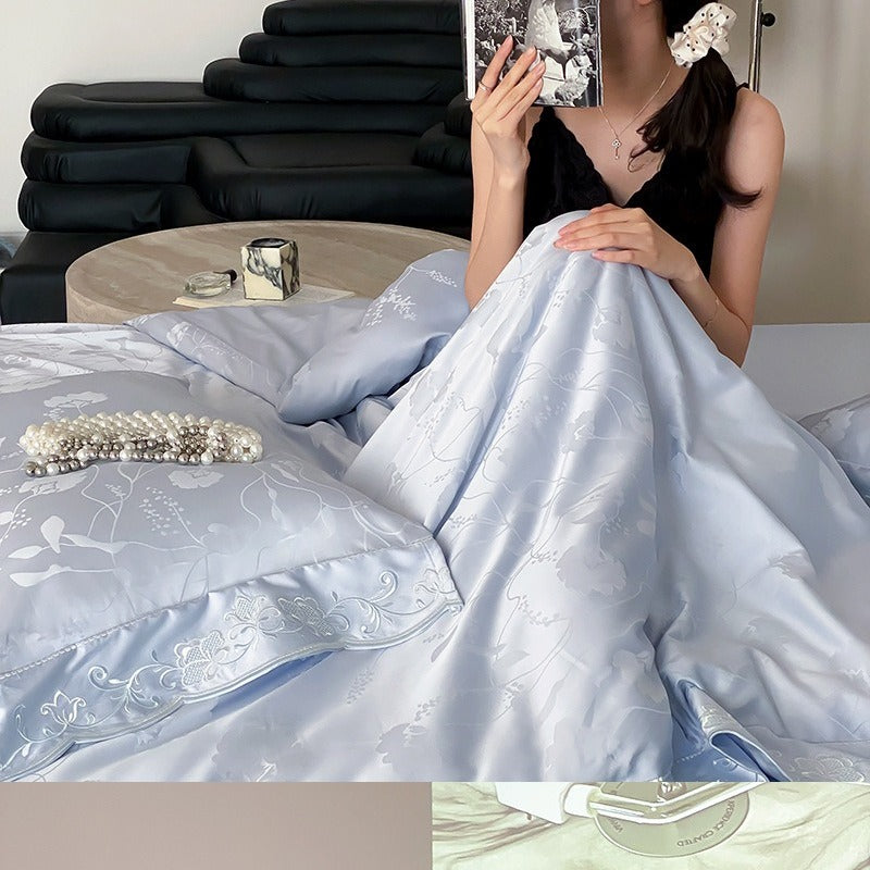 VILZSTUDIOS ivory cream, powder blue or blush pink floral jacquard duvet cover set with scalloped embroidered edges