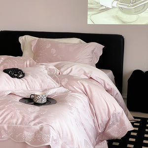 VILZSTUDIOS ivory cream, powder blue or blush pink floral jacquard duvet cover set with scalloped embroidered edges