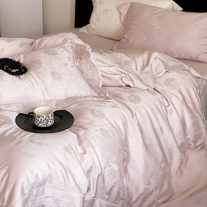 VILZSTUDIOS ivory cream, powder blue or blush pink floral jacquard duvet cover set with scalloped embroidered edges
