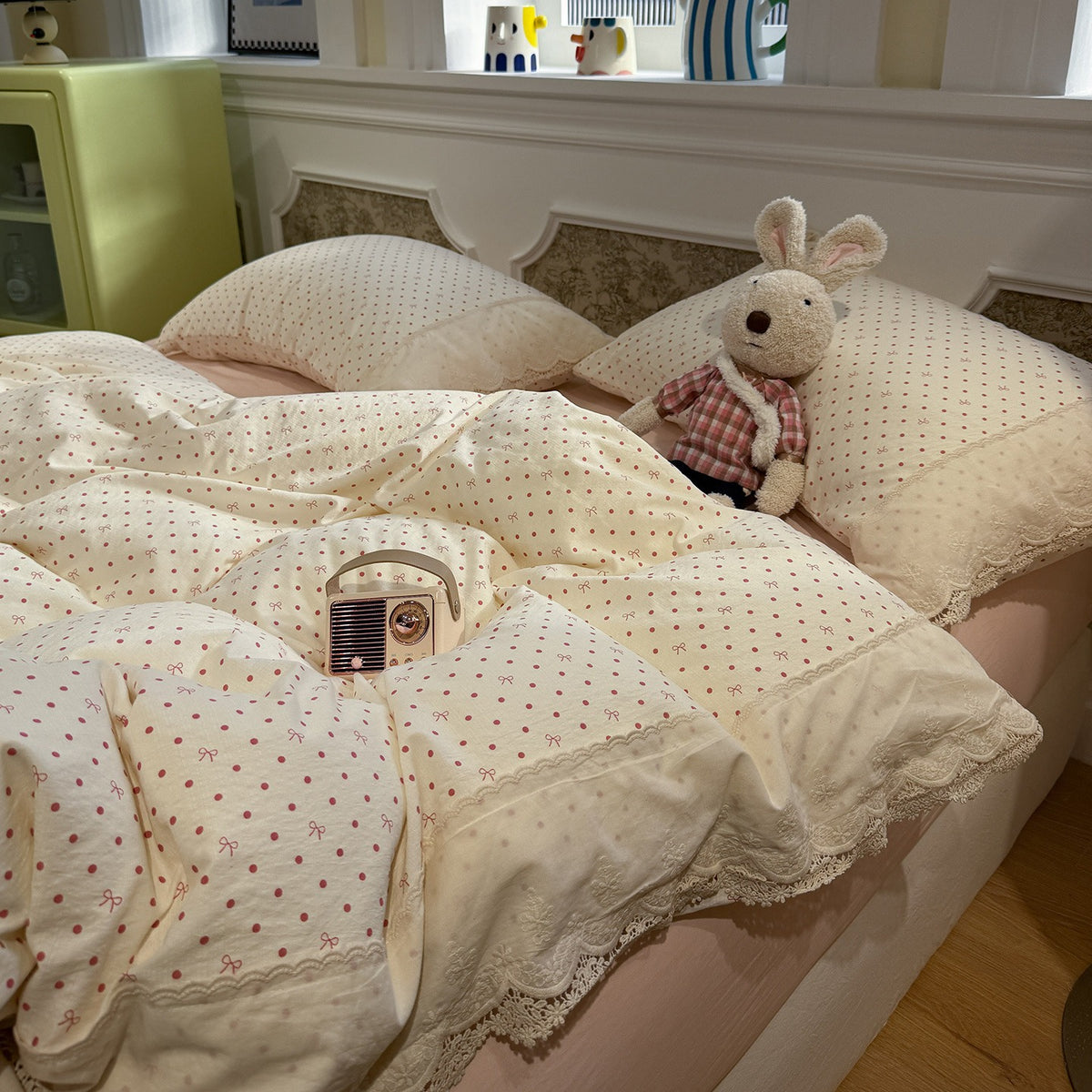 VILZSTUDIOS navy, cream and pastel bedding set with floral or bow-dot patterns and scalloped cream-white lace trim