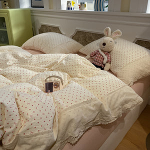 VILZSTUDIOS navy, cream and pastel bedding set with floral or bow-dot patterns and scalloped cream-white lace trim