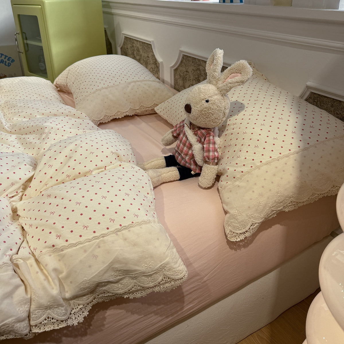 VILZSTUDIOS navy, cream and pastel bedding set with floral or bow-dot patterns and scalloped cream-white lace trim
