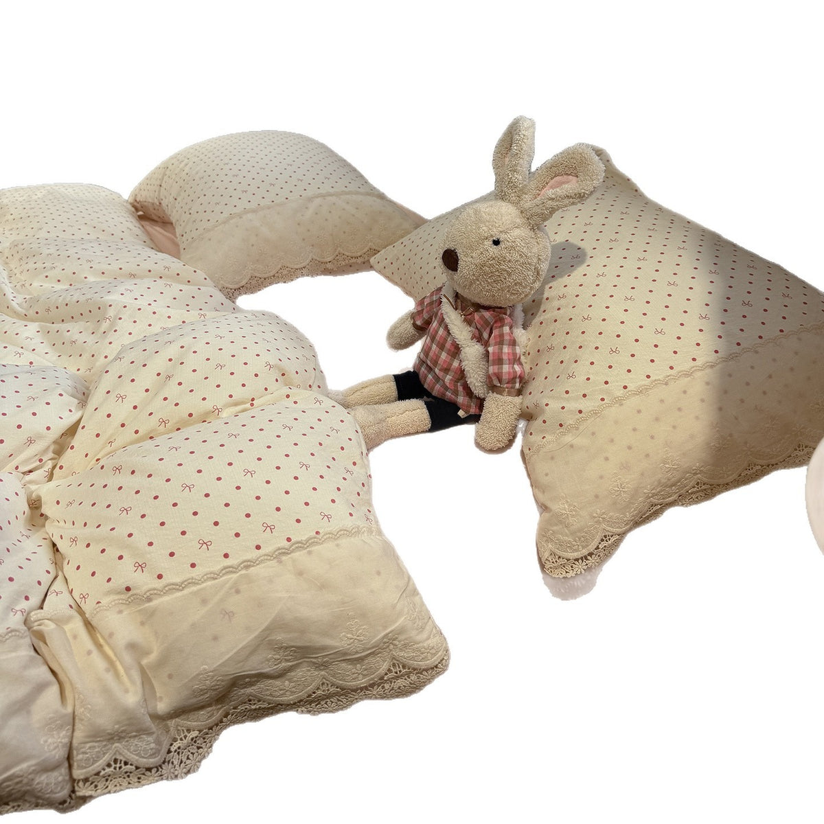VILZSTUDIOS navy, cream and pastel bedding set with floral or bow-dot patterns and scalloped cream-white lace trim