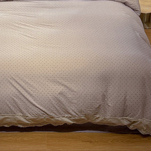 VILZSTUDIOS navy, cream and pastel bedding set with floral or bow-dot patterns and scalloped cream-white lace trim
