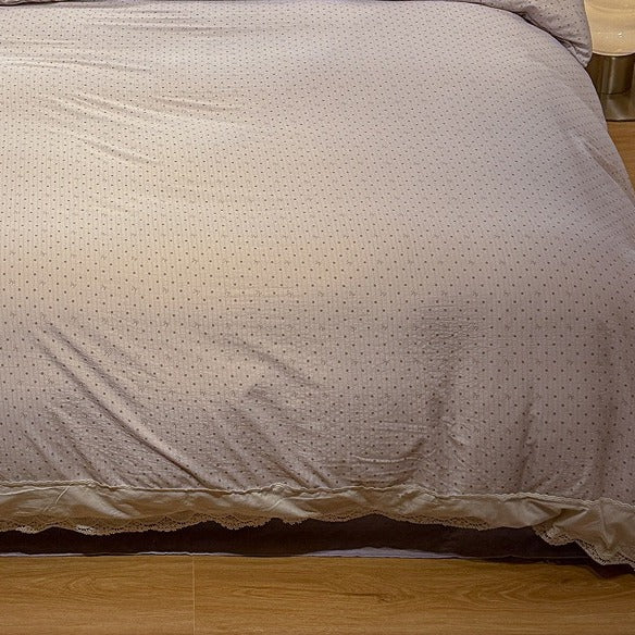 VILZSTUDIOS navy, cream and pastel bedding set with floral or bow-dot patterns and scalloped cream-white lace trim