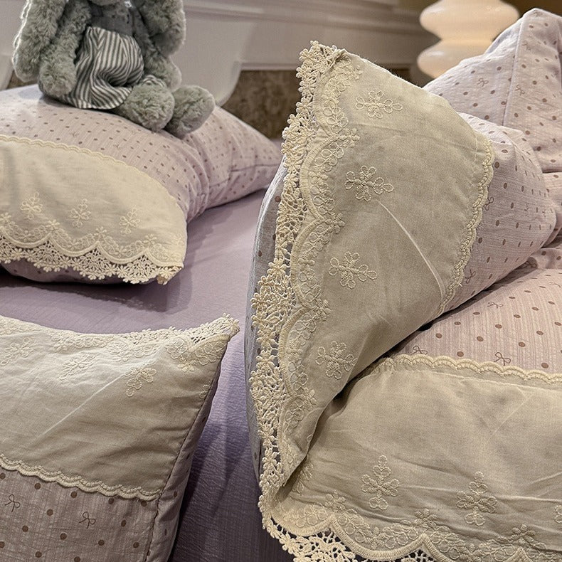 VILZSTUDIOS navy, cream and pastel bedding set with floral or bow-dot patterns and scalloped cream-white lace trim