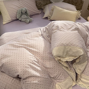 VILZSTUDIOS navy, cream and pastel bedding set with floral or bow-dot patterns and scalloped cream-white lace trim