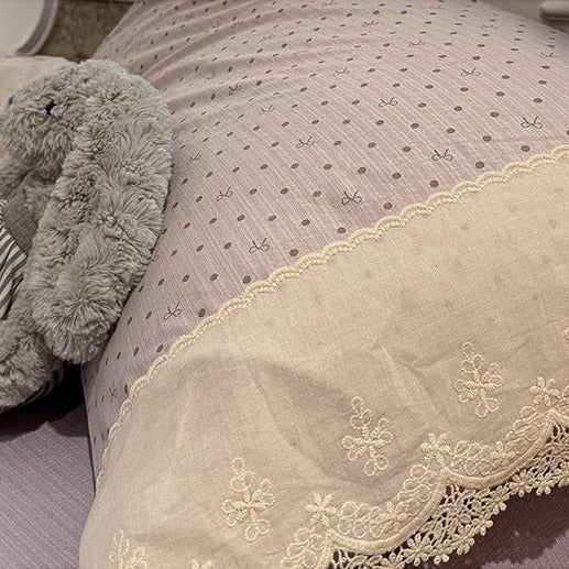 VILZSTUDIOS navy, cream and pastel bedding set with floral or bow-dot patterns and scalloped cream-white lace trim