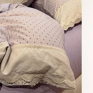 VILZSTUDIOS navy, cream and pastel bedding set with floral or bow-dot patterns and scalloped cream-white lace trim
