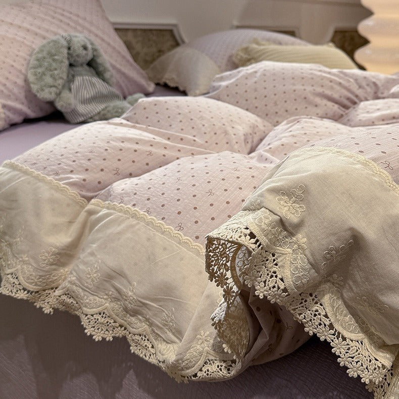 VILZSTUDIOS navy, cream and pastel bedding set with floral or bow-dot patterns and scalloped cream-white lace trim