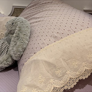 VILZSTUDIOS navy, cream and pastel bedding set with floral or bow-dot patterns and scalloped cream-white lace trim