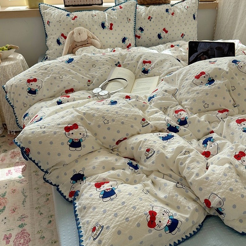 VILZSTUDIOS pastel patterned duvet cover set with crinkled texture and scalloped crochet borders