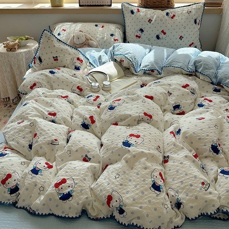 VILZSTUDIOS pastel patterned duvet cover set with crinkled texture and scalloped crochet borders