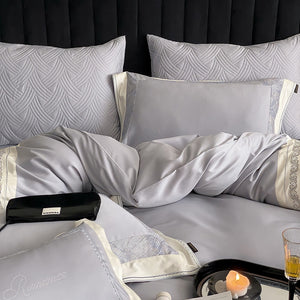 VILZSTUDIOS grey-blue, champagne beige, or blush pink satin bedding set with fan-pattern borders and scrollwork embroidery