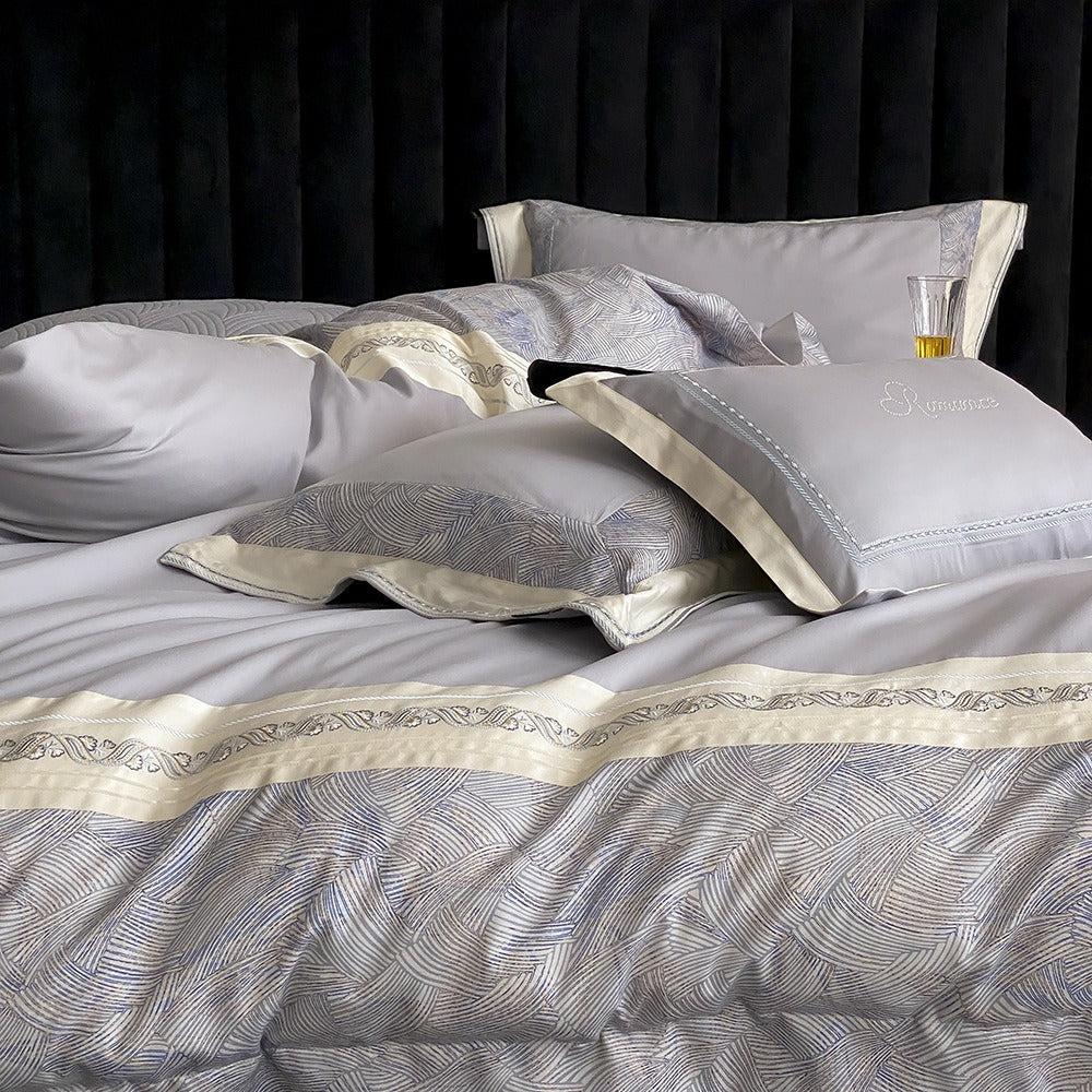 VILZSTUDIOS grey-blue, champagne beige, or blush pink satin bedding set with fan-pattern borders and scrollwork embroidery