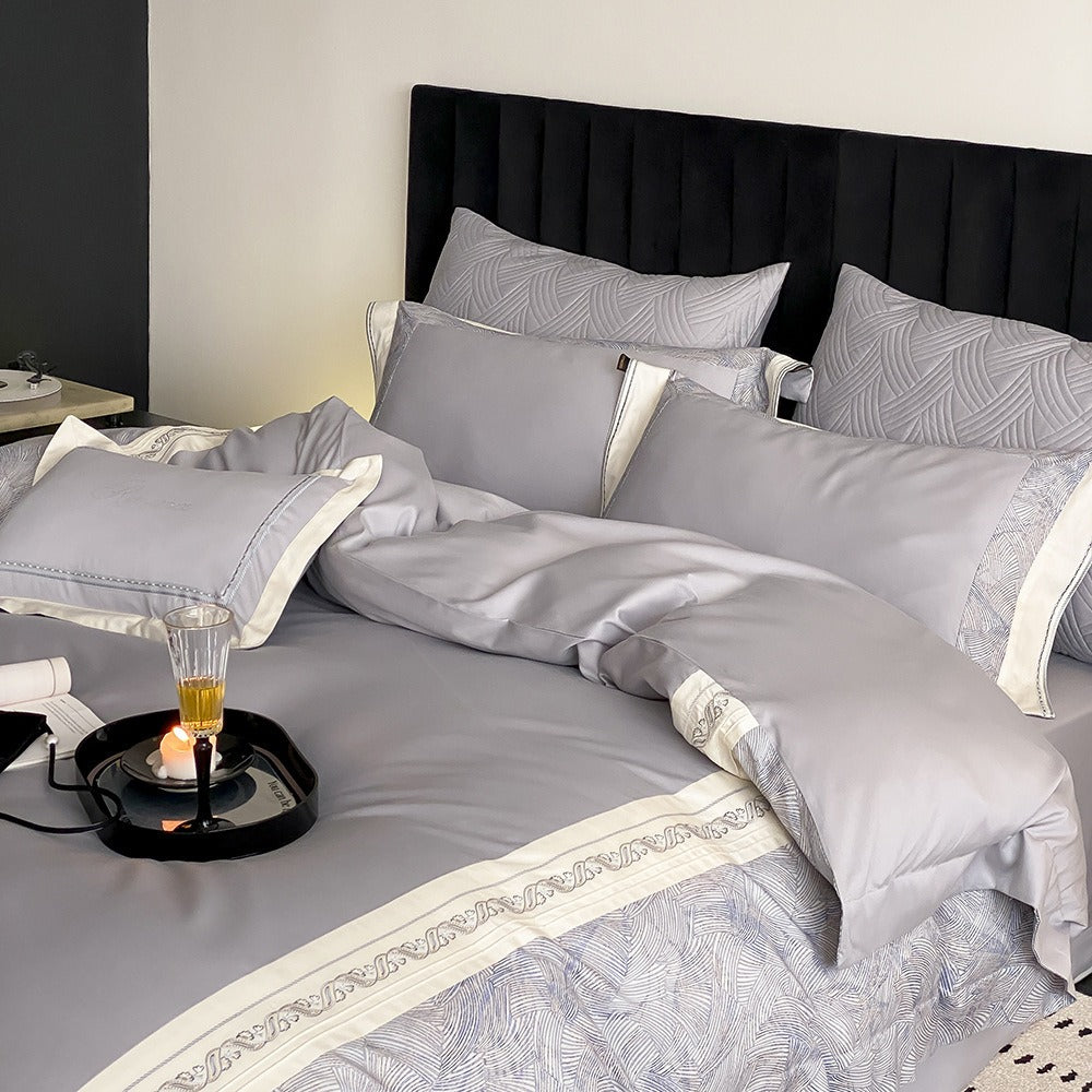 VILZSTUDIOS grey-blue, champagne beige, or blush pink satin bedding set with fan-pattern borders and scrollwork embroidery