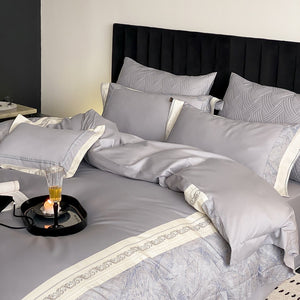 VILZSTUDIOS grey-blue, champagne beige, or blush pink satin bedding set with fan-pattern borders and scrollwork embroidery