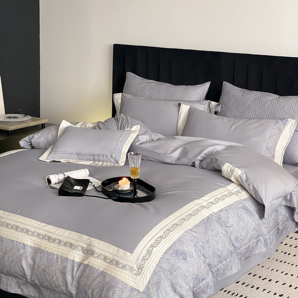 VILZSTUDIOS grey-blue, champagne beige, or blush pink satin bedding set with fan-pattern borders and scrollwork embroidery