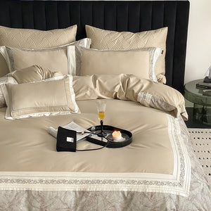 VILZSTUDIOS grey-blue, champagne beige, or blush pink satin bedding set with fan-pattern borders and scrollwork embroidery