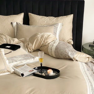 VILZSTUDIOS grey-blue, champagne beige, or blush pink satin bedding set with fan-pattern borders and scrollwork embroidery