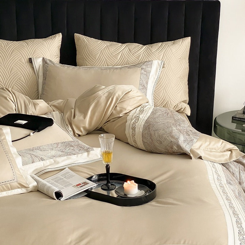 VILZSTUDIOS grey-blue, champagne beige, or blush pink satin bedding set with fan-pattern borders and scrollwork embroidery