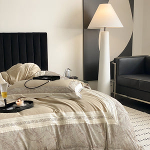 VILZSTUDIOS grey-blue, champagne beige, or blush pink satin bedding set with fan-pattern borders and scrollwork embroidery