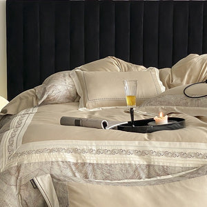 VILZSTUDIOS grey-blue, champagne beige, or blush pink satin bedding set with fan-pattern borders and scrollwork embroidery