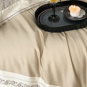 VILZSTUDIOS grey-blue, champagne beige, or blush pink satin bedding set with fan-pattern borders and scrollwork embroidery