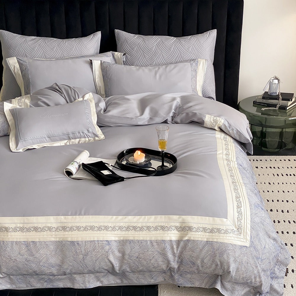 VILZSTUDIOS grey-blue, champagne beige, or blush pink satin bedding set with fan-pattern borders and scrollwork embroidery