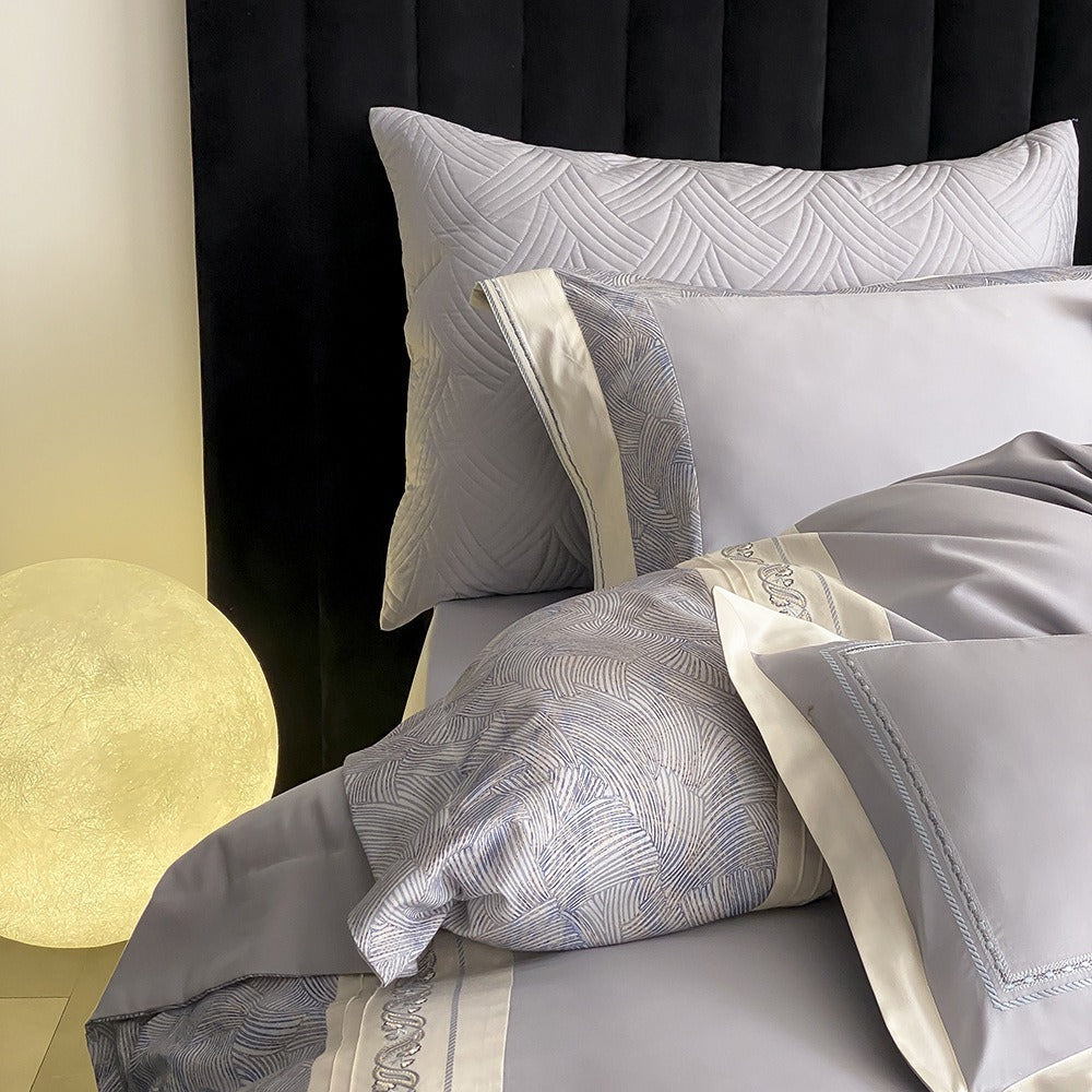 VILZSTUDIOS grey-blue, champagne beige, or blush pink satin bedding set with fan-pattern borders and scrollwork embroidery