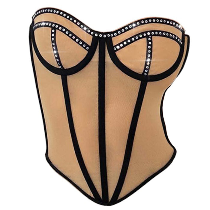 VILZSTUDIOS Stylish sheer mesh corset top with rhinestone details