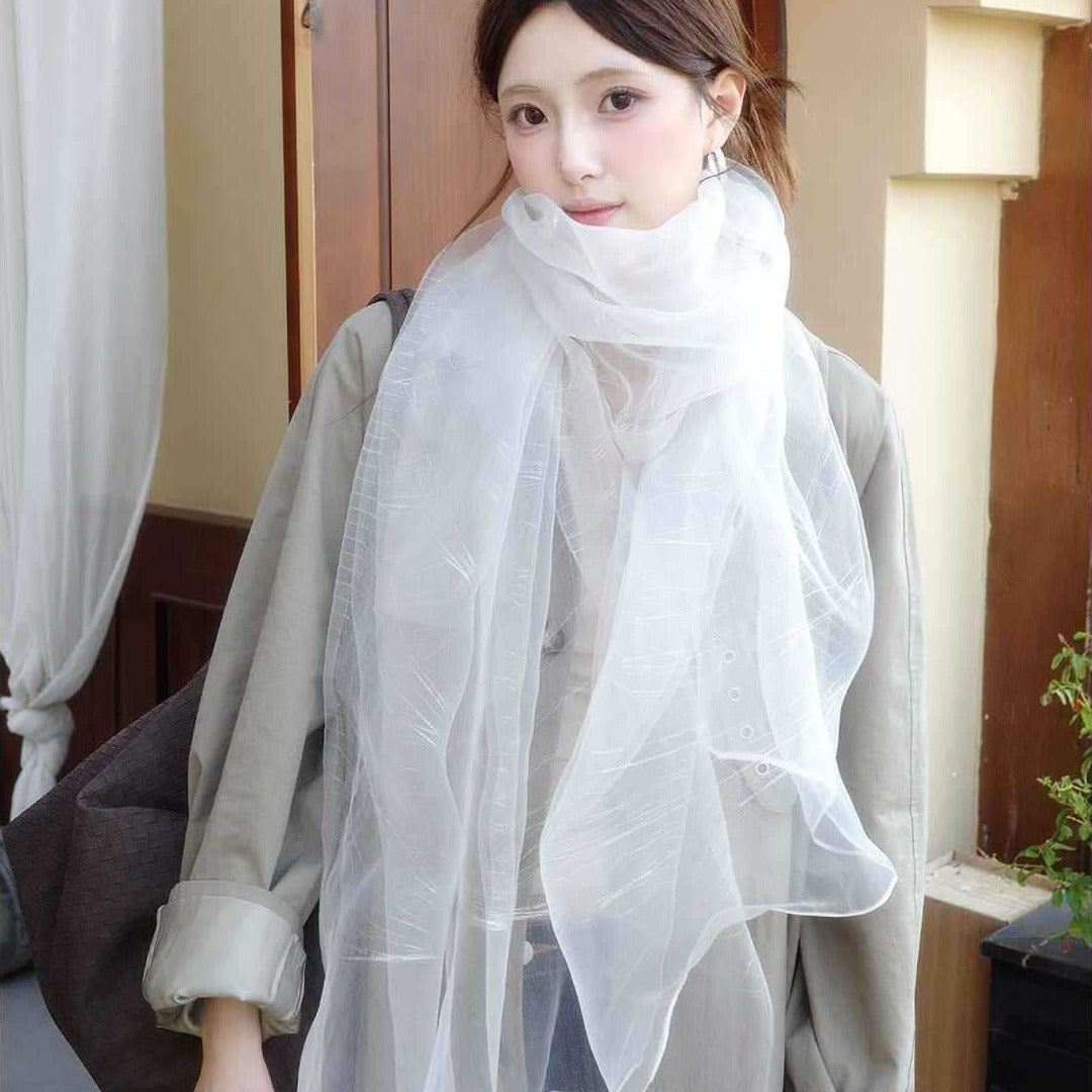 VILZSTUDIOS white sheer organza scarf with abstract patterns