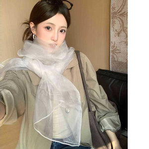 VILZSTUDIOS white sheer organza scarf with abstract patterns