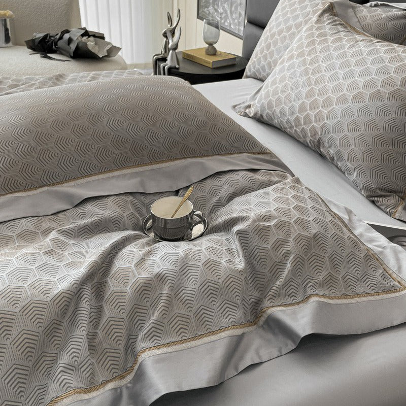 VILZSTUDIOS silver-gray and champagne gold fan jacquard duvet cover set with golden cord trim