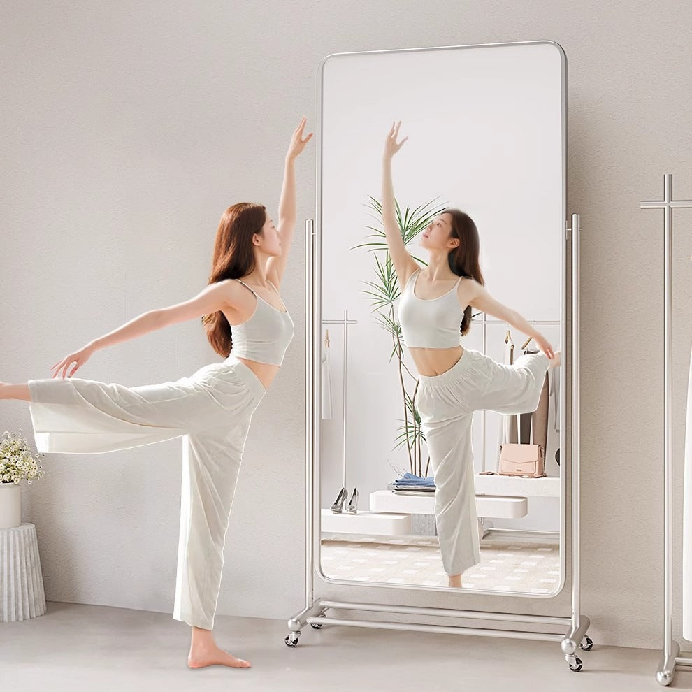 VILZSTUDIOS silver full-length floor mirror with rounded corners and tubular wheeled stand