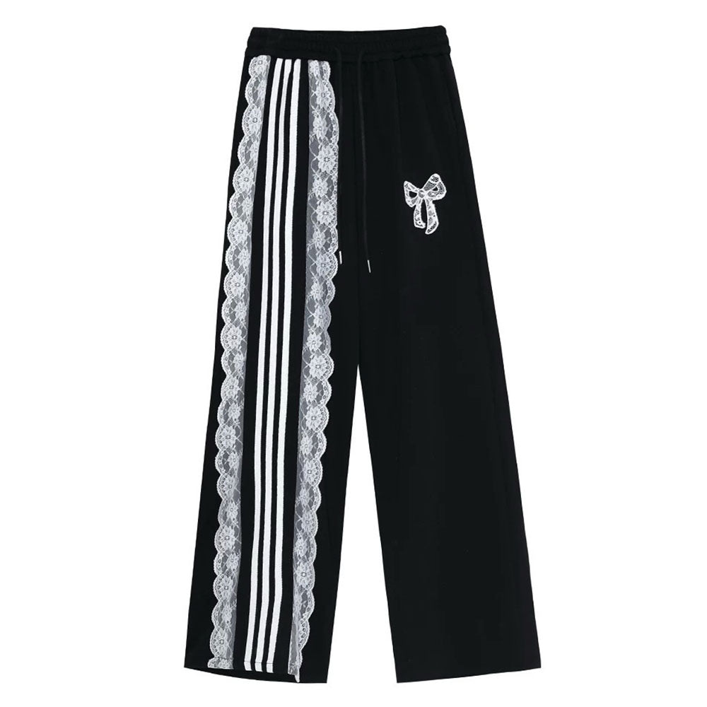 VILZSTUDIOS Sporty Lace Trim Striped Wide-Leg Pants