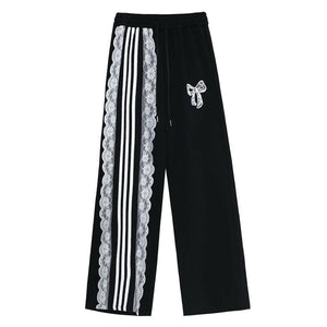 VILZSTUDIOS Sporty Lace Trim Striped Wide-Leg Pants