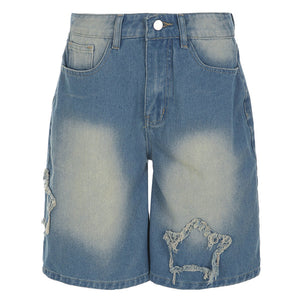 VILZSTUDIOS Denim shorts with star patches and a vintage wash