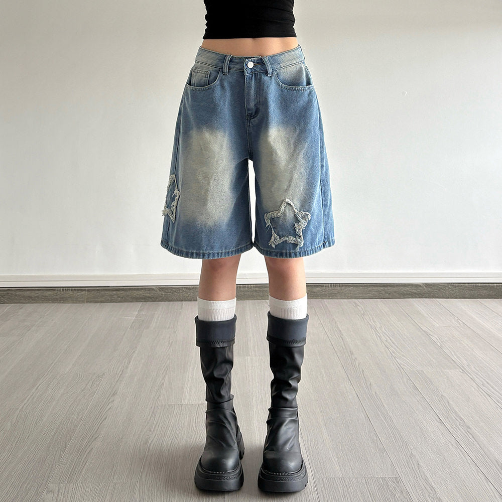VILZSTUDIOS Denim shorts with star patches and a vintage wash