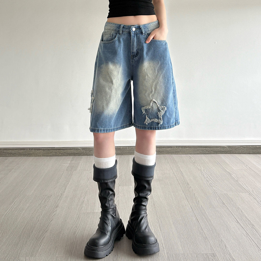 VILZSTUDIOS Denim shorts with star patches and a vintage wash