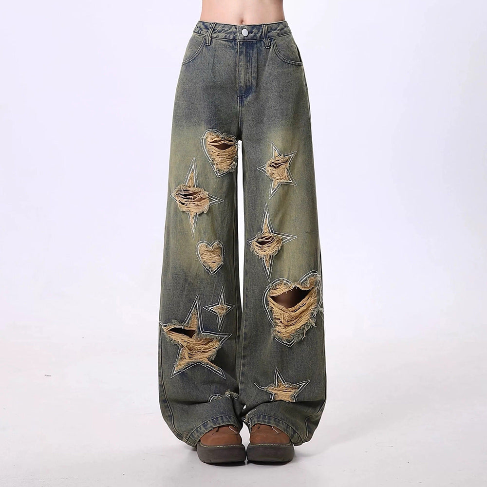 VILZSTUDIOS Stylish ripped wide-leg jeans with star cutouts