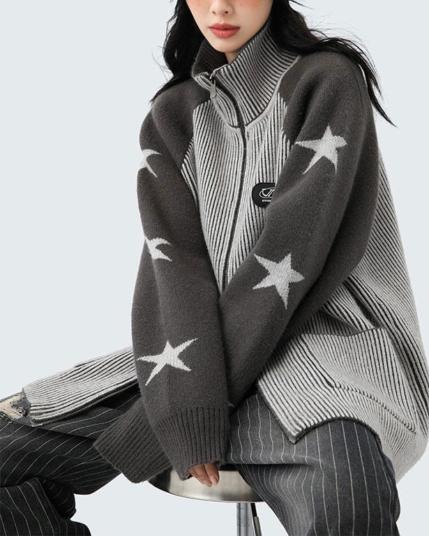 VILZSTUDIOS Trendy zip-up sweater with ribbed knit and star design