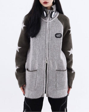 VILZSTUDIOS Trendy zip-up sweater with ribbed knit and star design